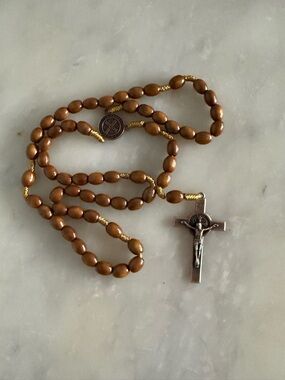 Toffee Brown Wooden Rosary Necklace with Crucifix